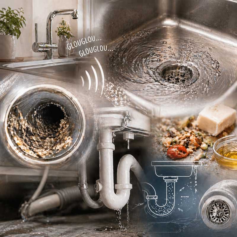 Évier qui fait du glouglou avec canalisation partiellement bouchée et solution de débouchage efficace