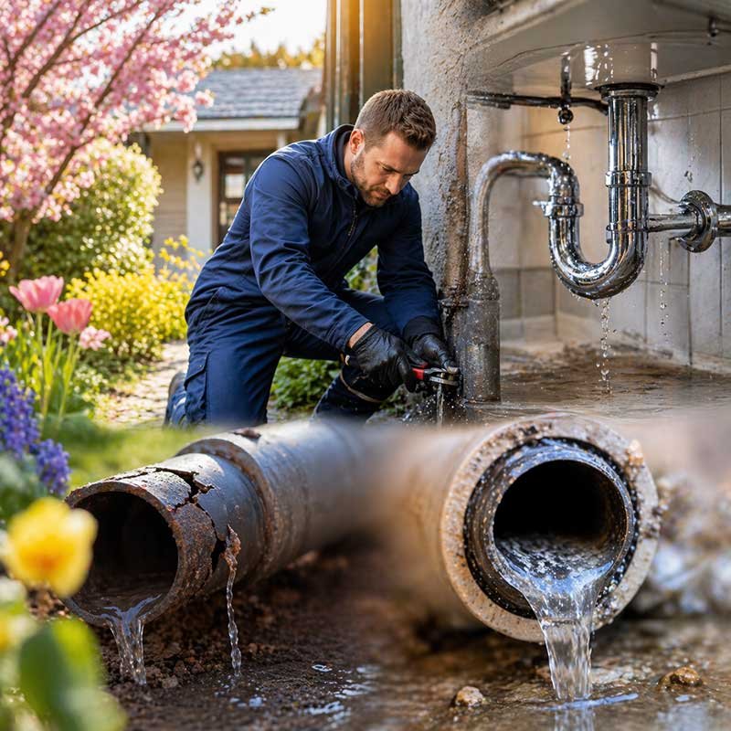 Fuite d’eau après l’hiver en Belgique : réparation de canalisation endommagée et détection de fuite au printemps