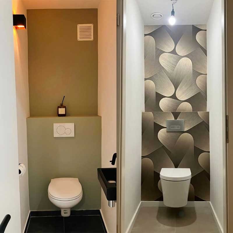 Comparaison avant après rénovation WC à Hamoir avec transformation moderne toilette suspendue et design mural
