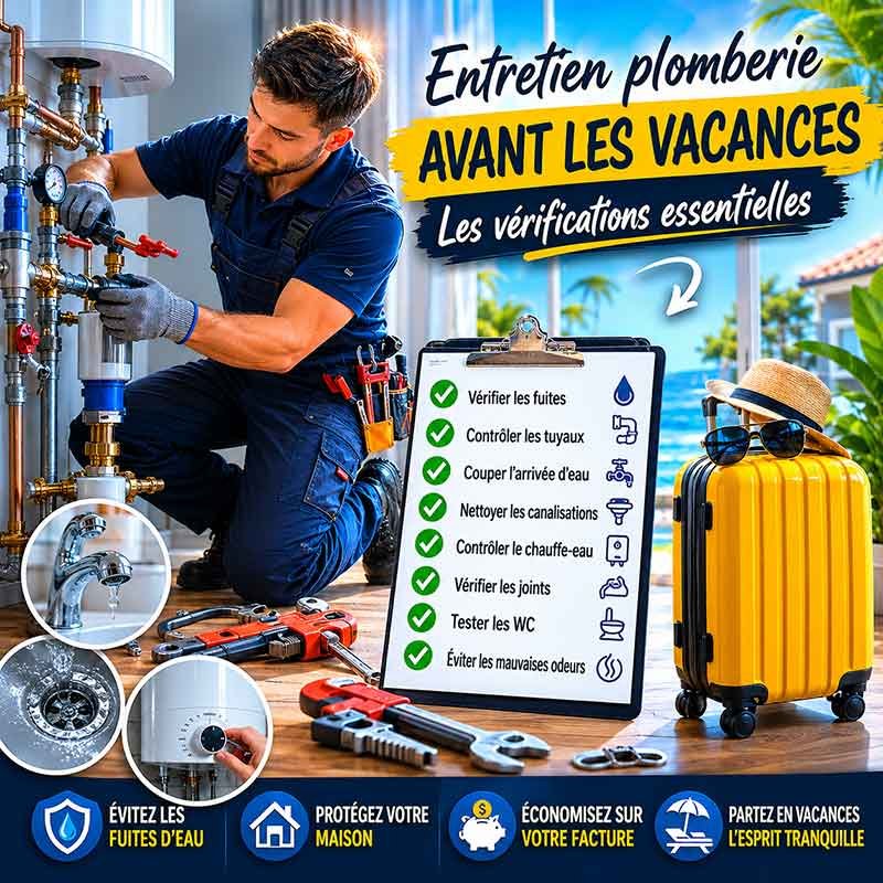 Plombier professionnel effectuant un entretien plomberie avant les vacances pour éviter les fuites d’eau et dégâts dans une maison en Belgique.