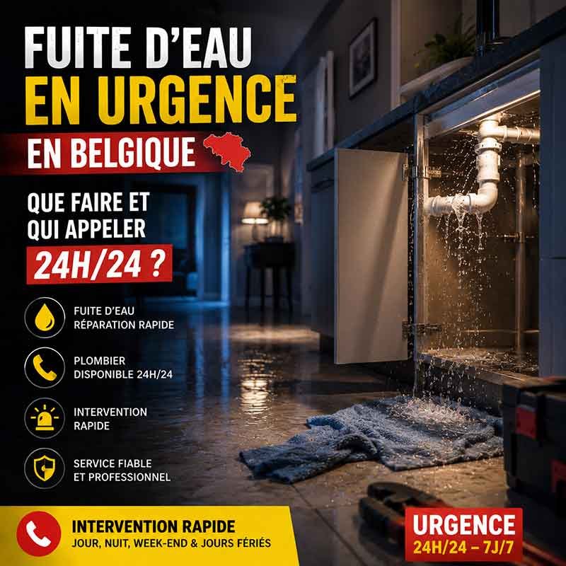 Fuite d’eau en urgence dans une maison en Belgique avec intervention rapide de plombier 24h/24 pour réparation de canalisation et dépannage plomberie